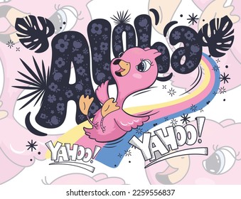 Cute flamingo girl cartoon slide down on a rainbow with tropical elements background vector illustration, Aloha slogan print design.