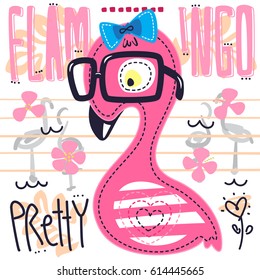 Cute flamingo girl cartoon wearing glasses and a bow with tropical elements background vector illustration.