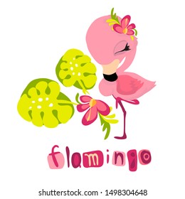 Cute flamingo girl with flower