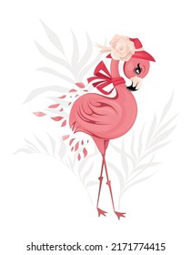 Cute flamingo girl with hat and bow. Tropical leaves on silhouette background. Baby illustration for clothes, poster, invitation or card.