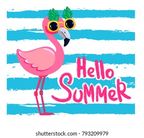 Cute flamingo with glasses on a striped background, glasses pineapple, vector illustration, summer print design, children print on t-shirt