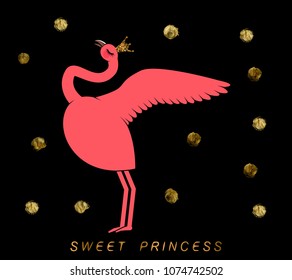 cute flamingo in gold with sparkles crown on black background with gold circles and inscription sweet princess. Can used for print design, greeting card, baby shower. 