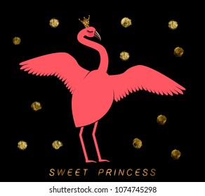 cute flamingo in gold with sparkles crown on black background with gold circles and inscription sweet princess. Can used for print design, greeting card, baby shower. 