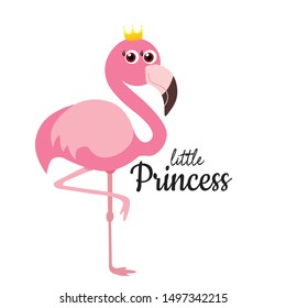 Cute flamingo, golden crown, vector illustration