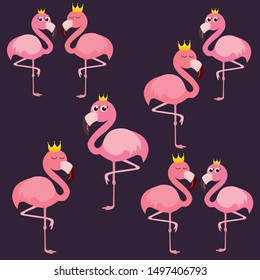 Cute flamingo, golden crown, vector illustration