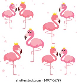 Cute flamingo, golden crown, vector illustration
