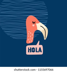 Cute flamingo head vector illustration. Design element, clipart for baby products with hand drawn cartoon bird drawing with lettering 