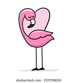 Cute flamingo with heart shape, vector illustration, summer print design. Cartoon flamingo. Cute pink flamingo. Cartoon sticker, thick outline