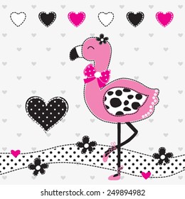 cute flamingo with hearts polka dot background vector illustration