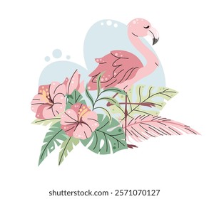 Cute flamingo with hibiscus and palm leaves on white background. Vector illustration of african animal for children's card, sticker, print, etc.