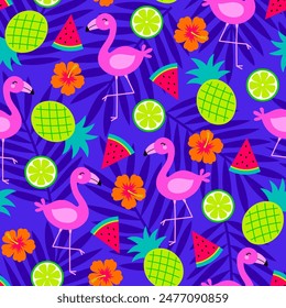 Cute flamingo, hibiscus, tropical fruit with palm leaf seamless pattern design for summer holidays background.