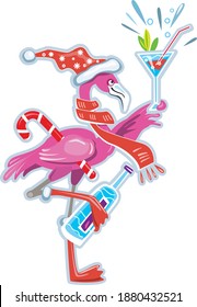 Cute flamingo Holding Alcoholic Beverage Christmas and Happy New Year Sticker