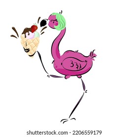 Cute flamingo with ice cream. Pink  funny bird.