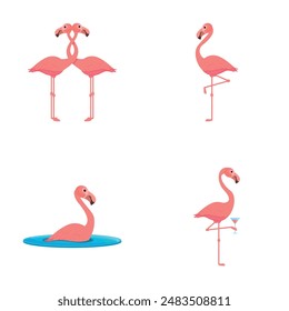 Cute flamingo icons set cartoon vector. Pink flamingo bird. Cartoon character