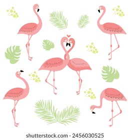 Cute flamingo illustration set. Pink bird in different poses. Vector illustration