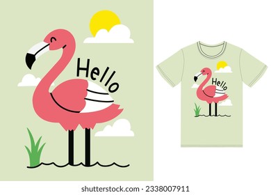 Cute flamingo illustration with tshirt design premium vector the Concept of Isolated Technology. Flat Cartoon Style Suitable for Landing Web Pages,T shirt, Flyers, Stickers