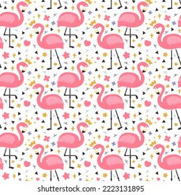 Cute flamingo with kawaii elements, hearts, scandinavian triangles, pink kids seamless pattern. Wrapping paper, fabric and fabric print design.