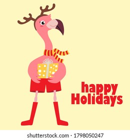 Cute flamingo with a New Year's gift. Vector illustration, design element for cards, banners, print design for childrens t-shirts