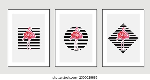 Cute flamingo on a white background with black stripes. Home art wall 3 pieces. Paintings on the wall