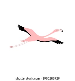 Cute flamingo on  wing - cartoon bird character. Vector illustration in flat style isolated on gray background.