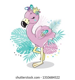 Cute flamingo with palm leaves on a white background