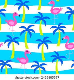 Cute flamingo and palm tree with hand drawn wave seamless pattern design for summer holidays background.