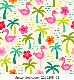 Cute flamingo, palm tree and hibiscus seamless pattern design for summer holidays background.