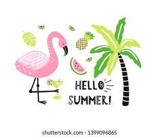 Cute flamingo, palm, watermelon, pineapple. Hello summer. 