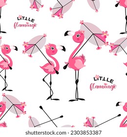 Cute flamingo. Parasol. Vector background. Hand lettering with flamingos. Seamless pattern