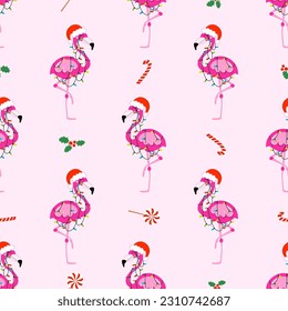 Cute Flamingo pattern for Christmas - Adorable flamingo illustration. Hand drawn wallpaper. Good for textiles, nursery, wallpaper, clothes. Merry Christmas gift wrapping paper