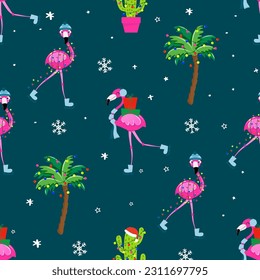 Cute Flamingo pattern for Christmas - Adorable flamingo, snow flakes, palm trees illustration. Hand drawn wallpaper. Good for textiles, nursery, wallpaper, clothes. Merry Christmas gift wrapping paper