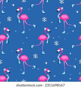 Cute Flamingo pattern for Christmas - Adorable flamingo, snow flakes, illustration. Hand drawn wallpaper. Good for textiles, nursery, wallpaper, clothes. Merry Christmas gift wrapping paper