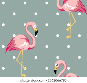 Cute Flamingo Pattern on a Dotted Background