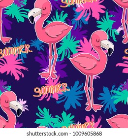 Cute Flamingo Pattern. Postcard Palm Seamless