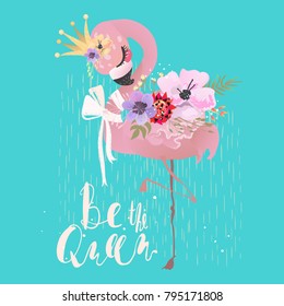 Cute flamingo pink baby princess exotic bird with crown, tied bow and tropical flowers. Be The Queen lettering