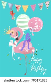 Cute flamingo pink baby princess exotic bird with crown, tied bow and balloons, festive flags and hummingbird. Happy Birthday card