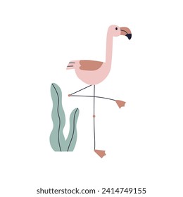 Cute flamingo, pink bird in Scandinavian style. Exotic tropical feathered fauna. Funny African animal with beak, standing with raised leg. Flat vector illustration isolated on white background