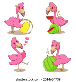 Cute flamingo playing ball together vector design illustration