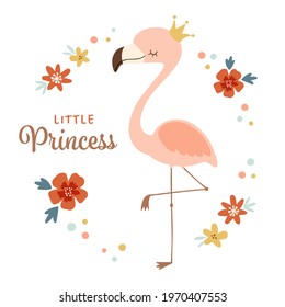 Cute flamingo princess character on white background. Cartoon style whimsical flamingo with gold crown. For kids birthday card, nursery wall art, poster, apparel, etc.