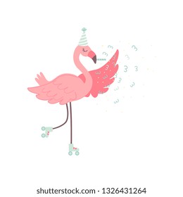 Cute Flamingo Rollerblading Wearing Party Hat, Beautiful Exotic Bird Character Vector Illustration