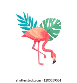 Cute flamingo with scarlet plumage and leaves of tropical plants. Exotic bird with long legs and neck. Flat vector design
