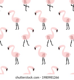 Cute flamingo sin fisuras en estilo doodle sobre fondo blanco para la impresión de moda de verano, papel de envoltura de regalo, papel tapizado, etc.