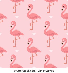 Lindo patrón sin fisuras de flamenco con corazón sobre fondo rosa. Tejidos de fábrica. Ropa de cama, cortinas de papel de regalo.