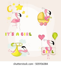 Cute Flamingo Set. Baby Shower or Arrival Card, in vector