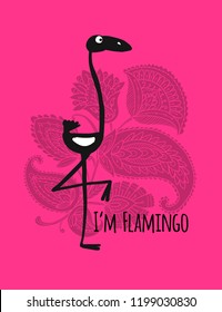 Cute flamingo silhouette on floral background, sketch for your design