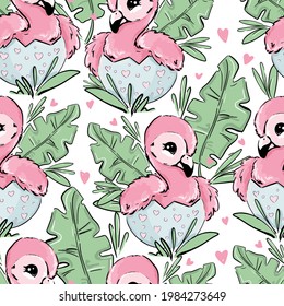 Cute flamingo sits in egg and tropical leaves seamless pattern vector illustration 