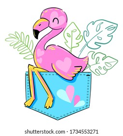 Cute Flamingo sits in a pocket childish print. Children's theme for textiles, fashion. Trends summer prints vector illustration.