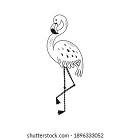 Cute flamingo stand up on one leg isolated illustration. Jungle bird black and white childish graphic drawing Perfect for one colour silk screen printing t-shirt design
