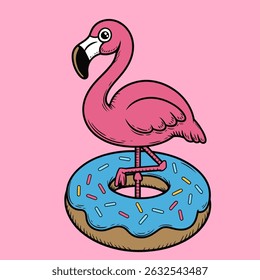 Cute Flamingo Standing on Blue Donut Cartoon Illustration