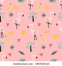 Cute Flamingo und Sommer Elemente nahtlose Muster im Doodle-Stil auf rosafarbenem Hintergrund für den sommerlichen Modedruck, Geschenkpapier, Tapete etc.